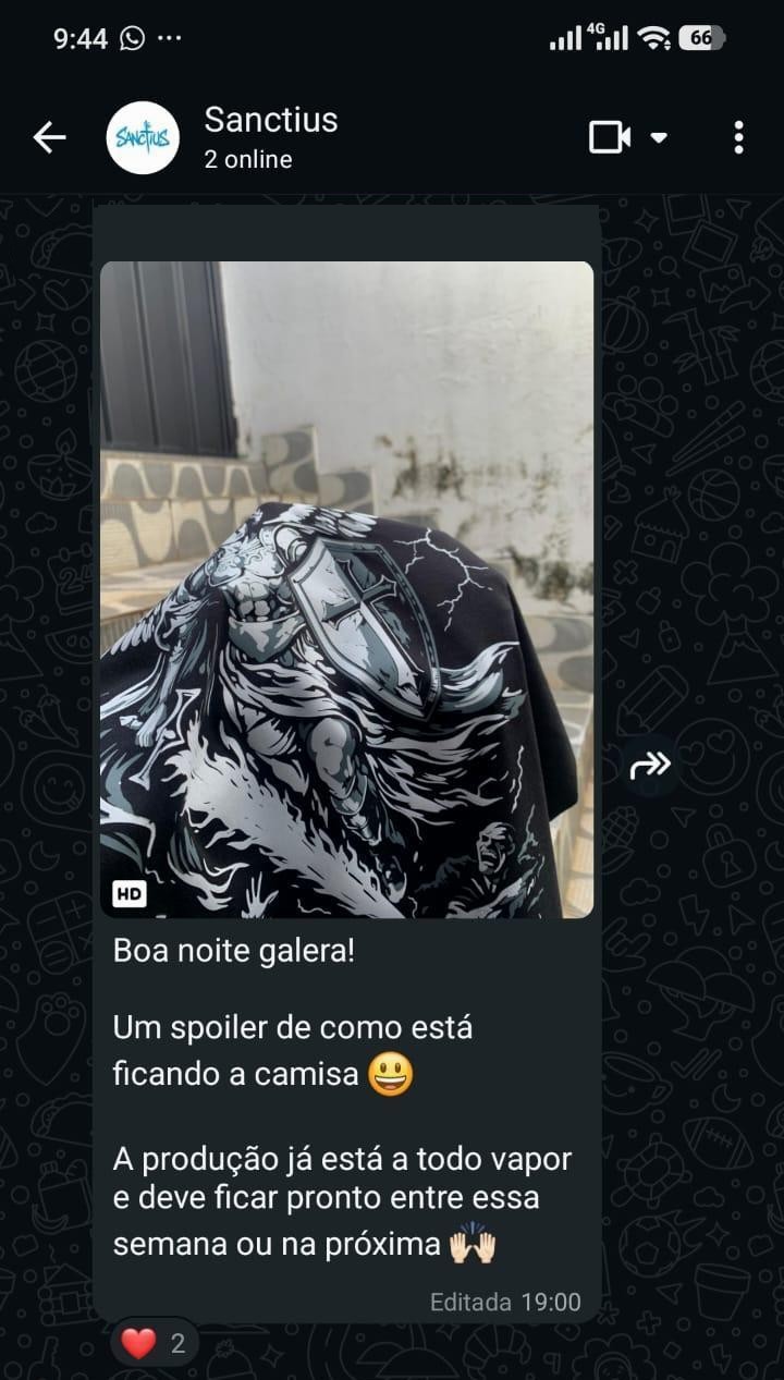 Aviso de lançamento no grupo VIP da Sanctius, com a prévia da peça em produção.